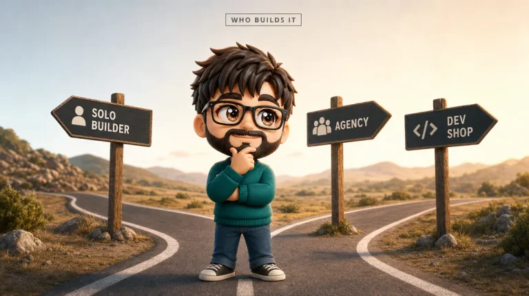 A founder comparing three paths to build an MVP, a solo freelancer, an agency, and a dev shop.