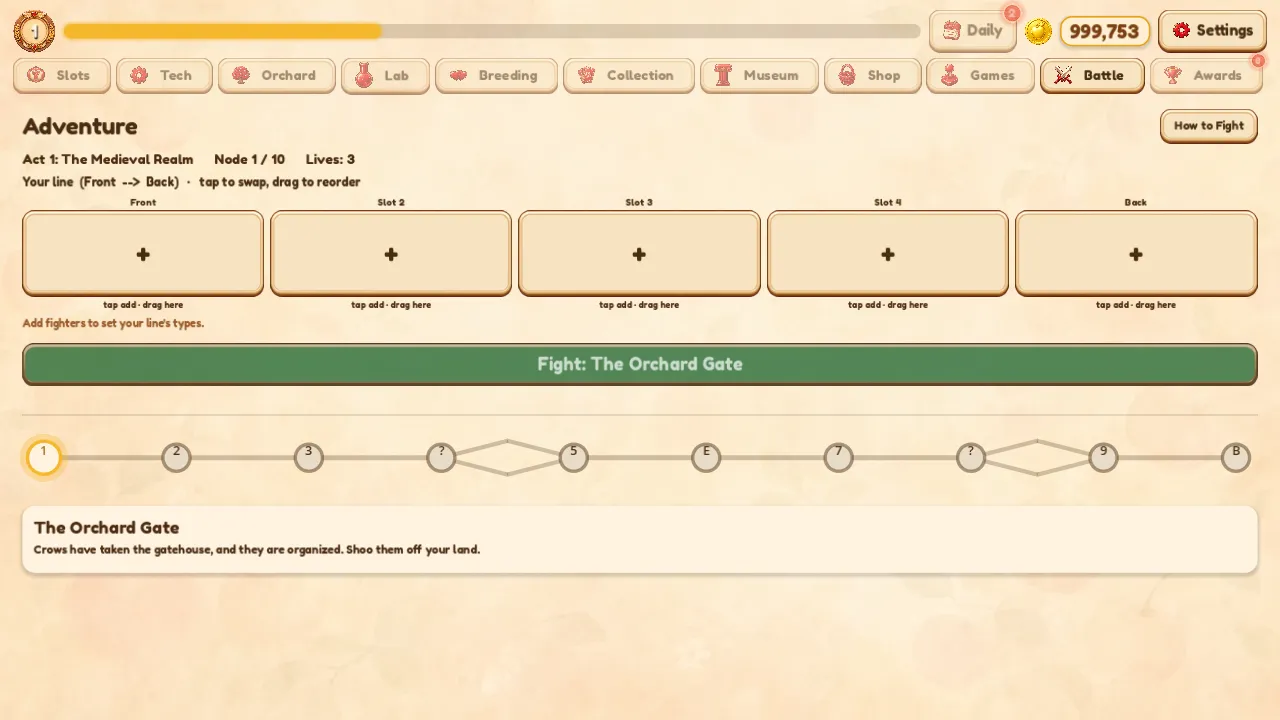 Orchard Deck campaign battle view with cards arranged front to back