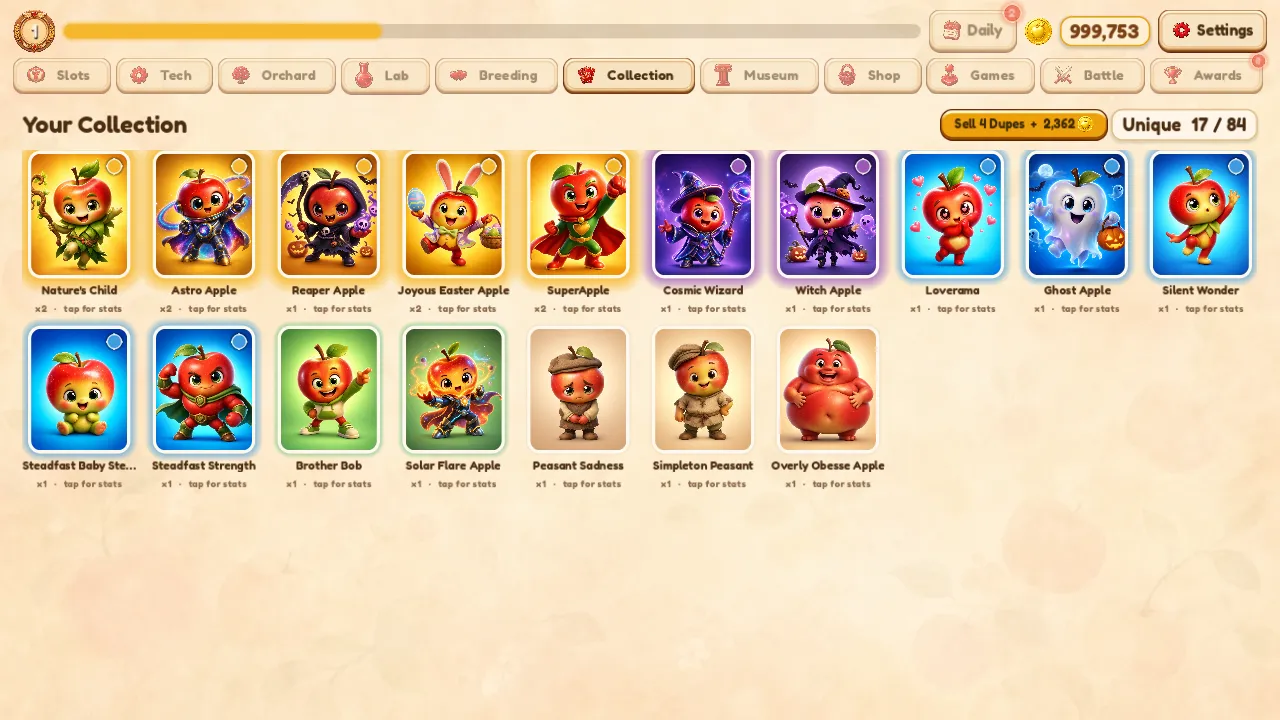 Orchard Deck card collection grid shown running in a web browser