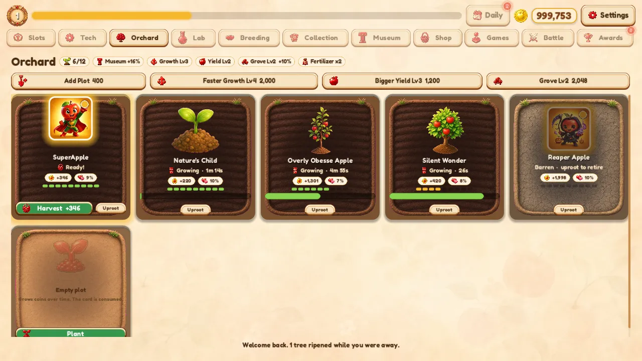 Orchard Deck orchard view with cards planted in plots producing coins