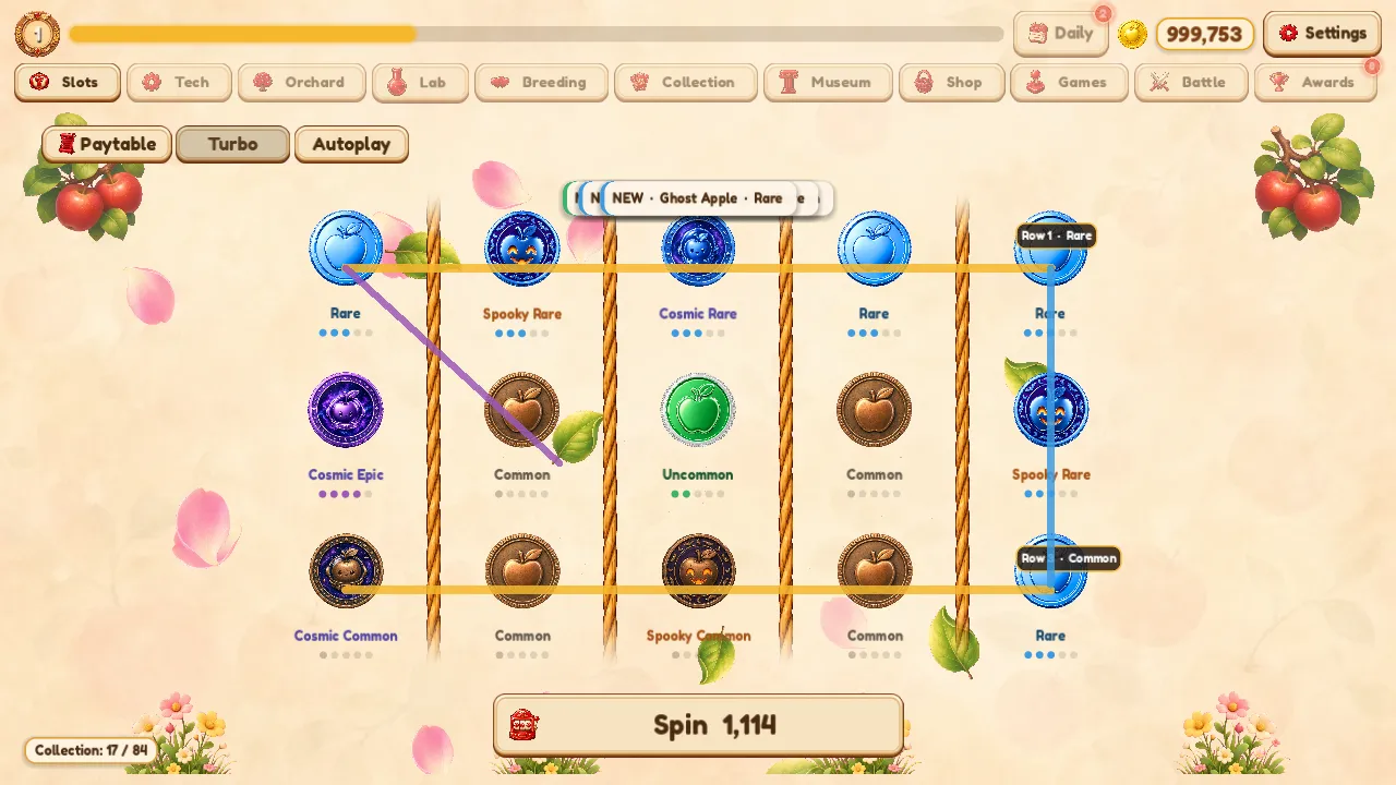 Orchard Deck slot machine reels showing rarity tier symbols