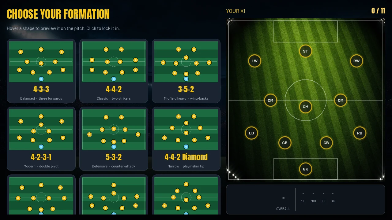 World 11 formation select screen showing the eleven formation options